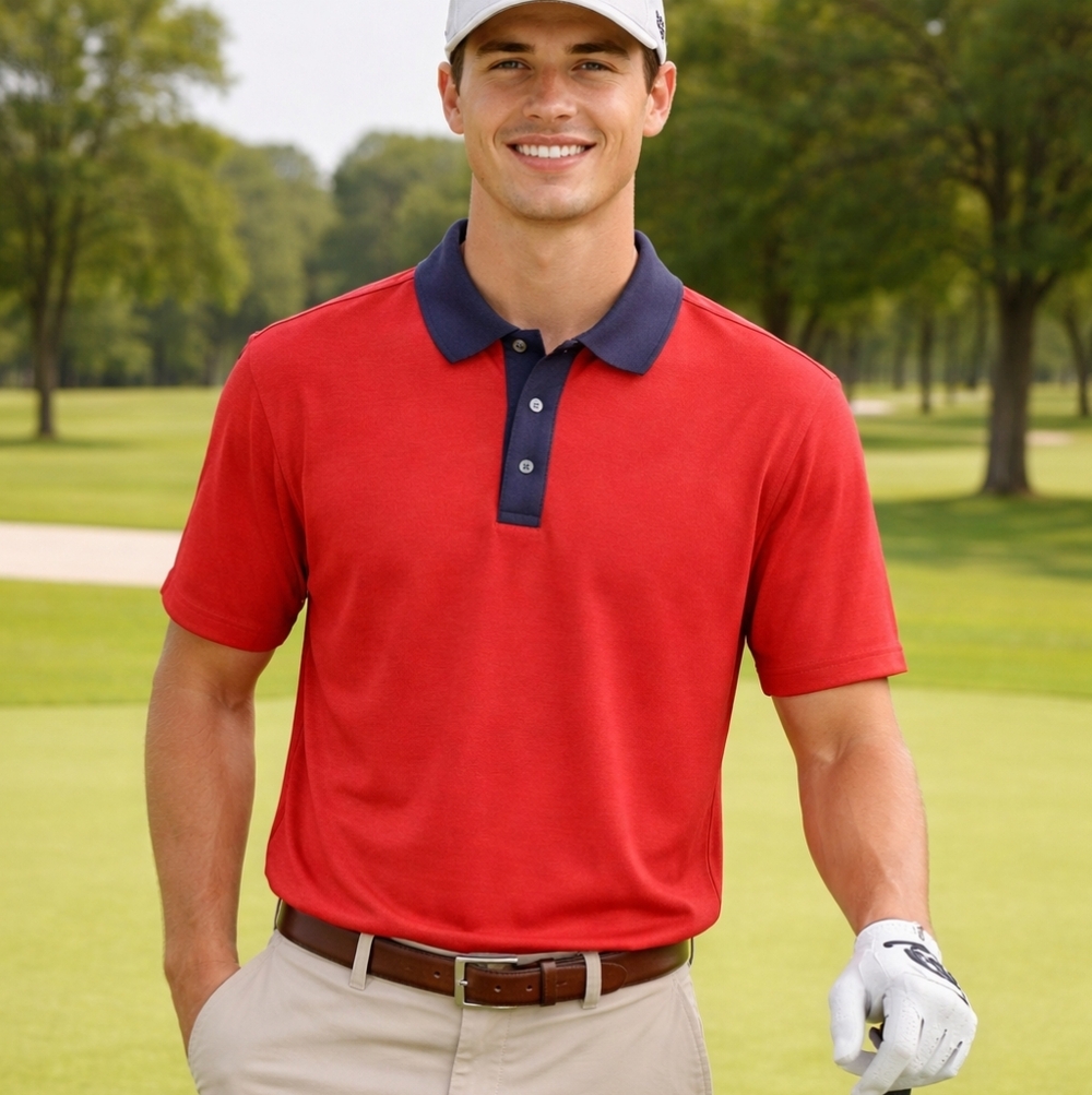 Pebble Beach Golf Polo Men's Small Luxury Performance by Lone Cypress Red Navy